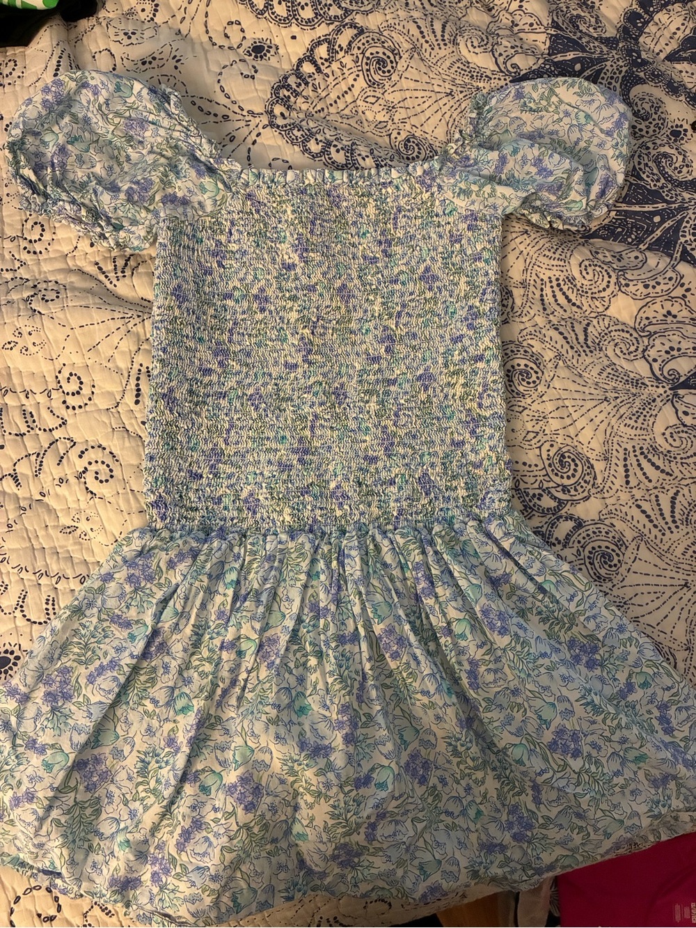 Janie and Jack Blue and Mint Floral Smocked Puff-Sleeve Dress - size 8